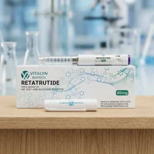 Vitalyn Biotech Retatrutide 40mg pen kit shown in premium, protective laboratory packaging for analytical evaluation.
