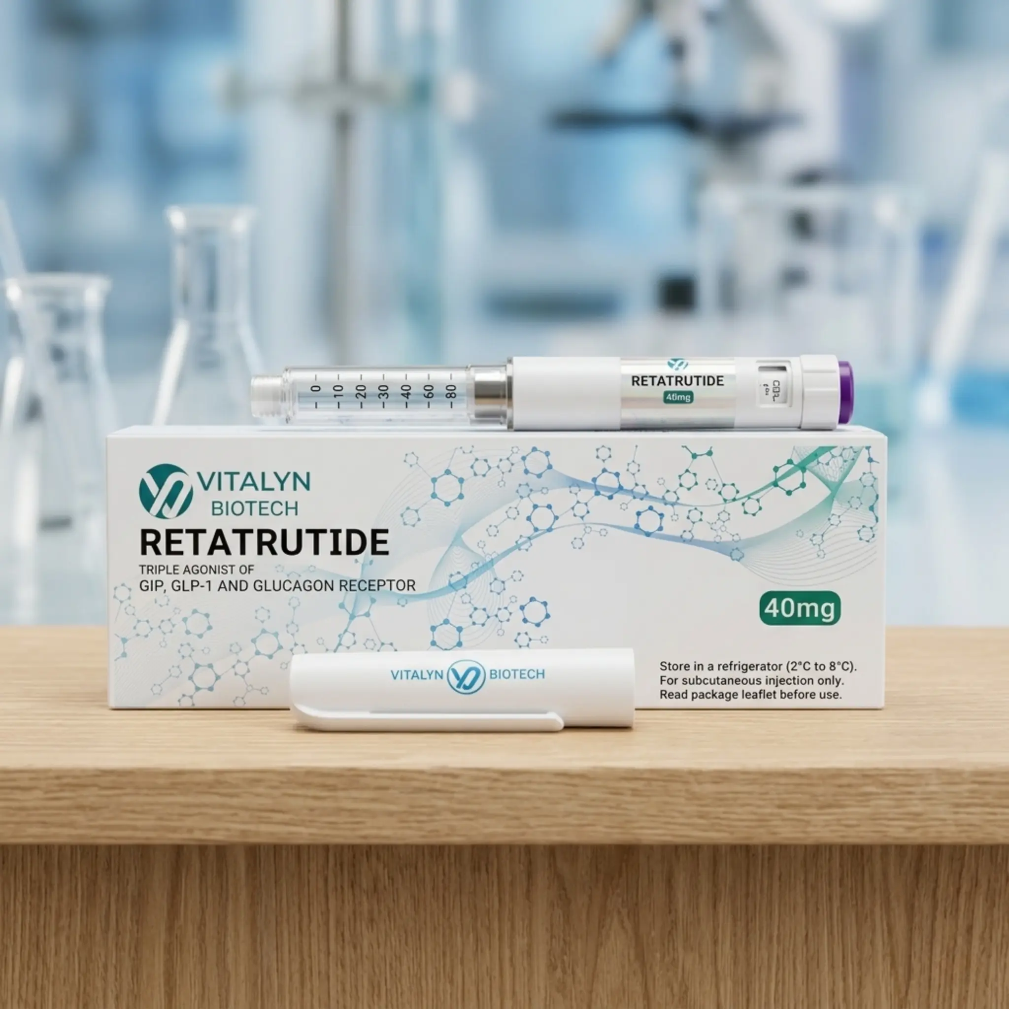 Vitalyn Biotech Retatrutide 40mg pen kit shown in premium, protective laboratory packaging for analytical evaluation.