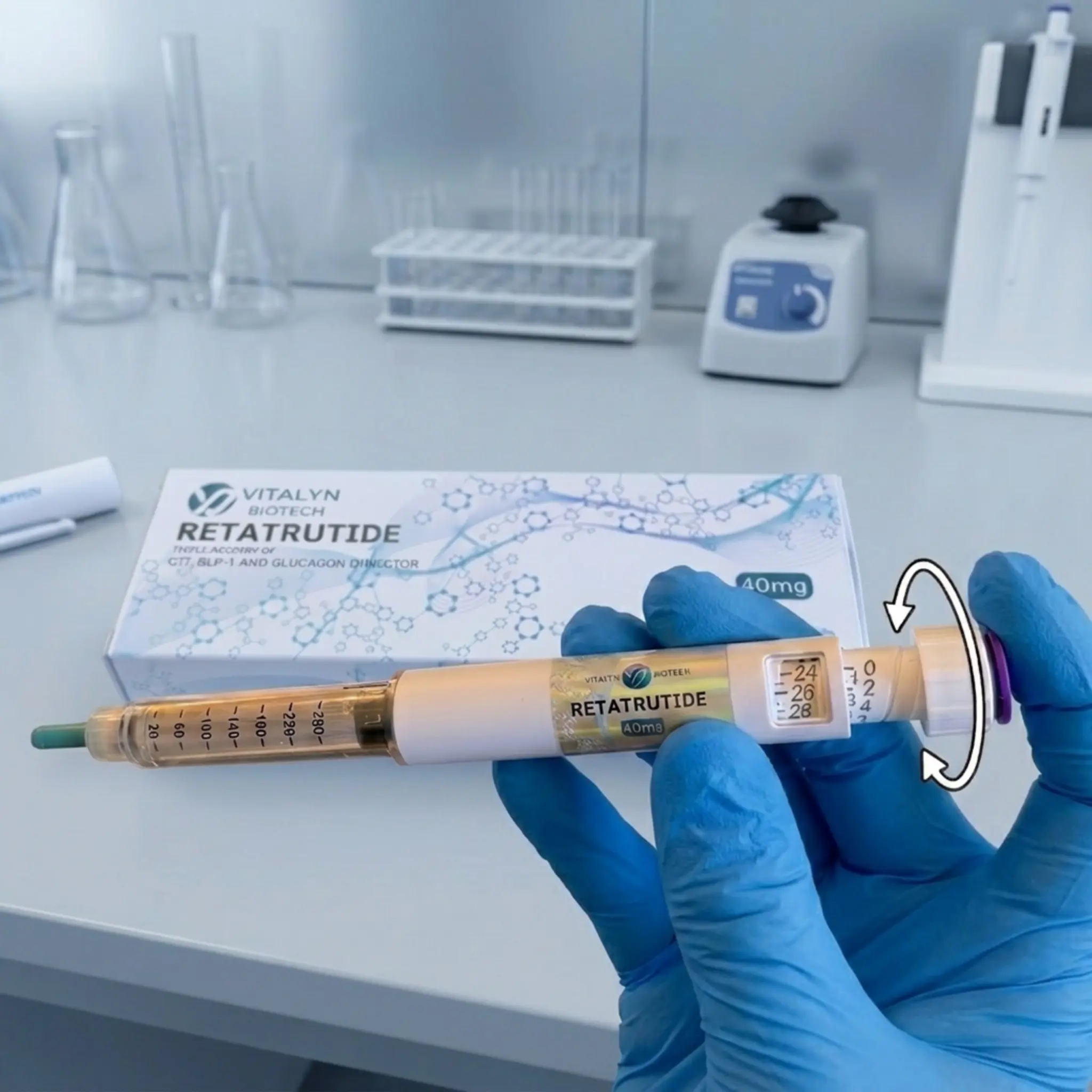 Close-up view of the structural dial mechanism on a Retatrutide 40mg pen designed for precise solution metering during laboratory testing.