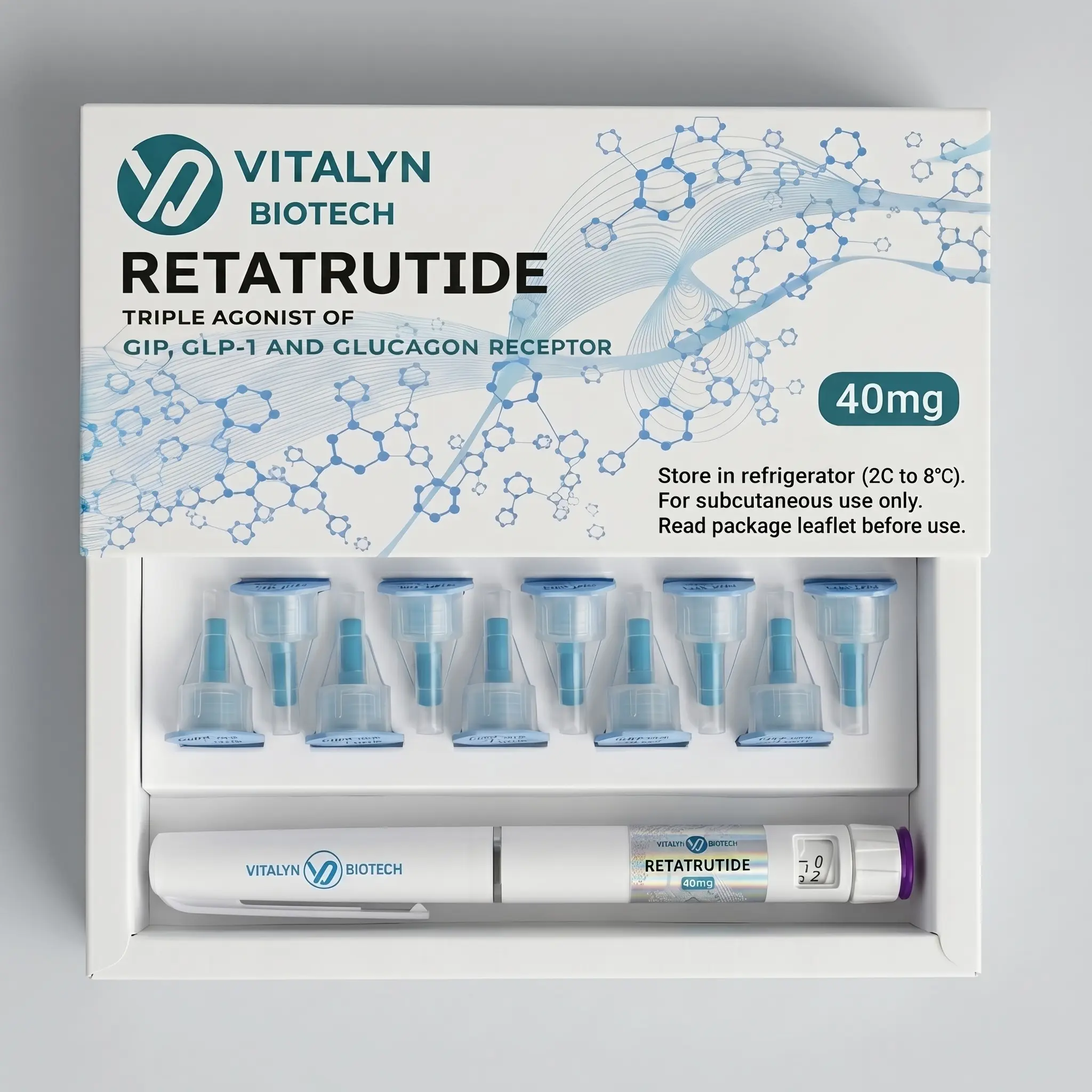 Full 40mg Retatrutide box configuration from Vitalyn Biotech, demonstrating the complete secure storage layout for reference materials.