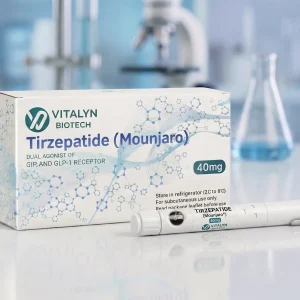 Vitalyn Biotech Tirzepatide 40mg pen kit shown in premium, protective laboratory packaging for analytical evaluation.