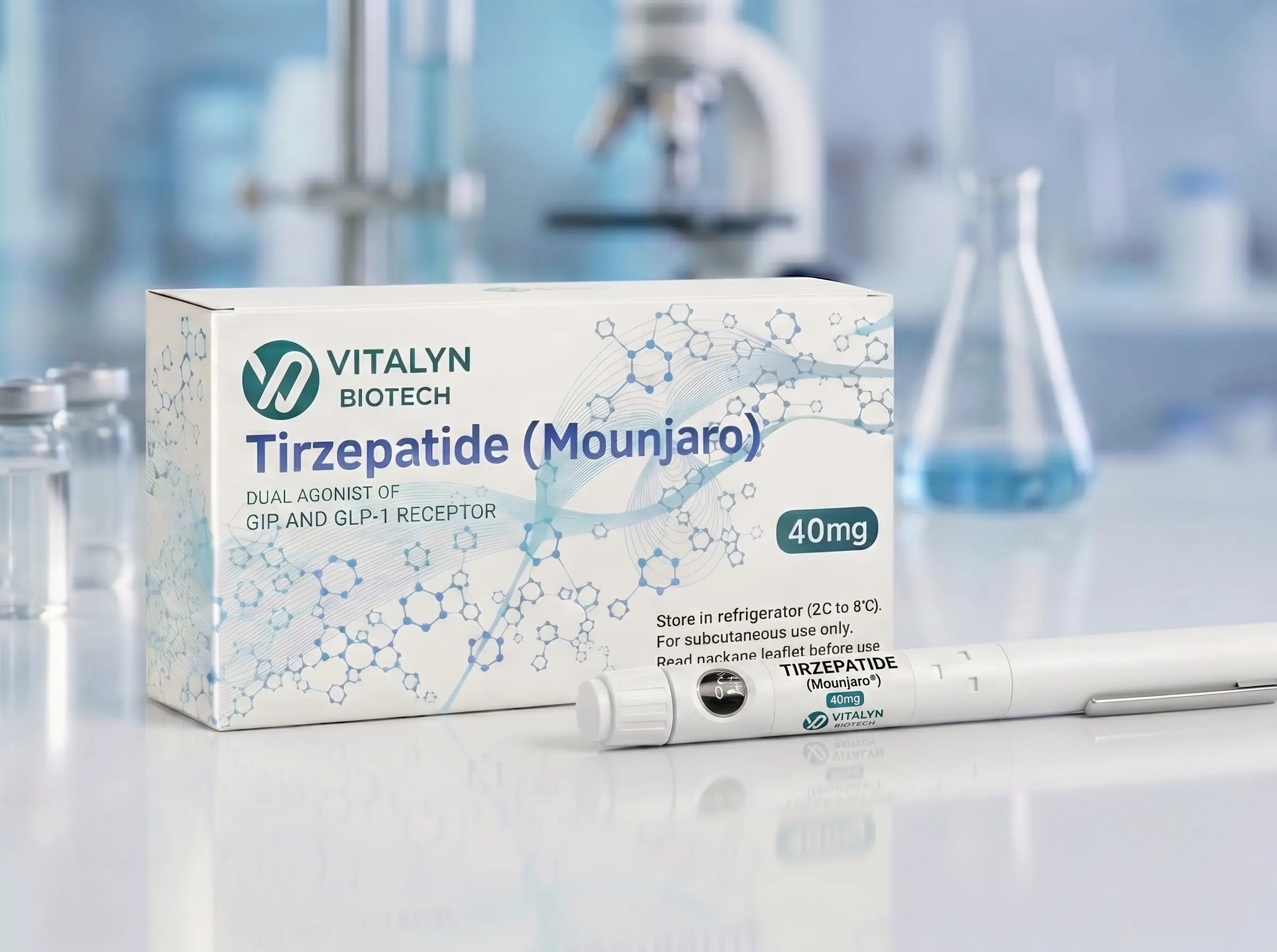 Vitalyn Biotech Tirzepatide 40mg pen kit shown in premium, protective laboratory packaging for analytical evaluation.