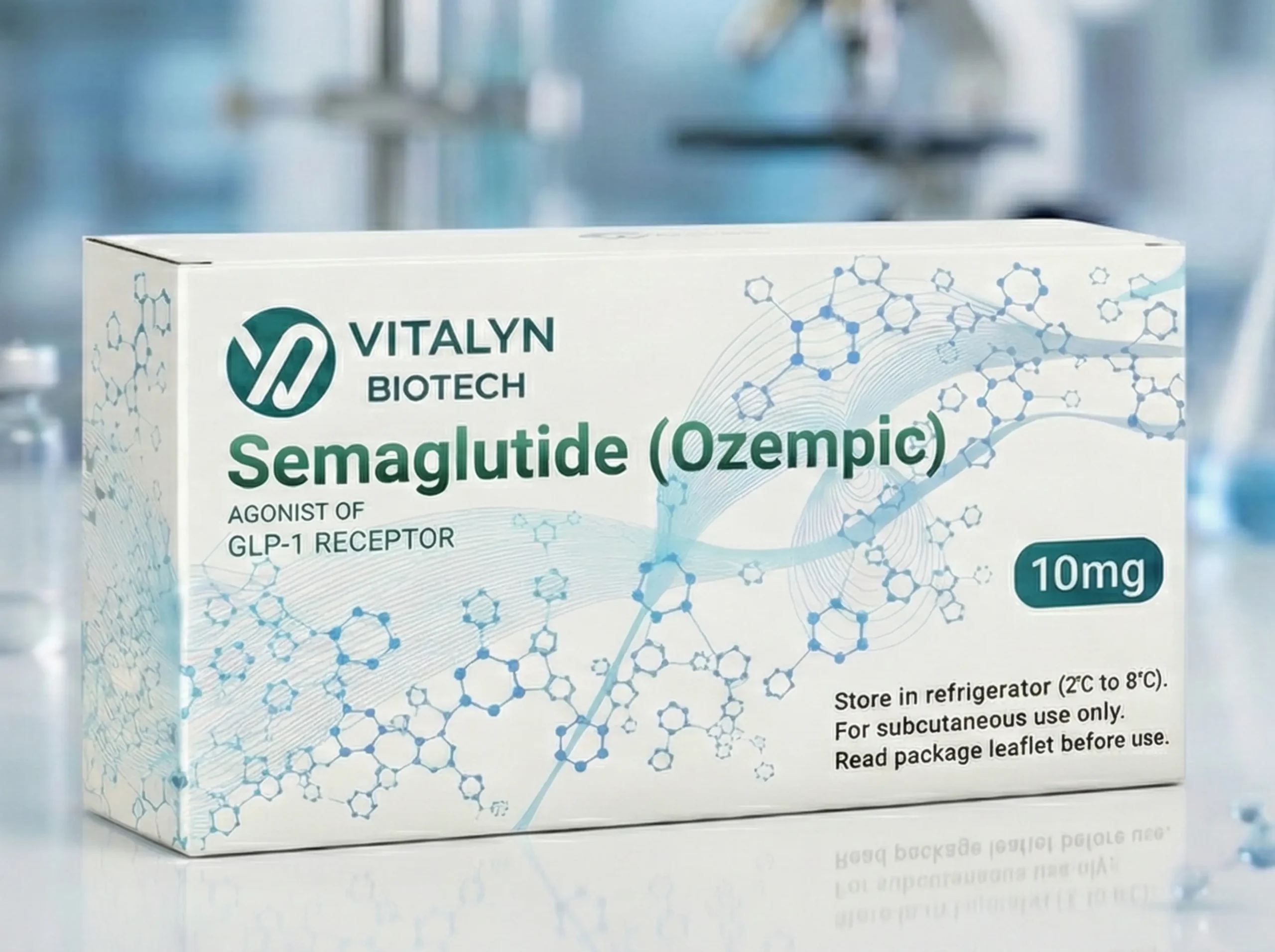 Vitalyn Biotech Semaglutide 10mg pen kit shown in premium, protective laboratory packaging for analytical evaluation.