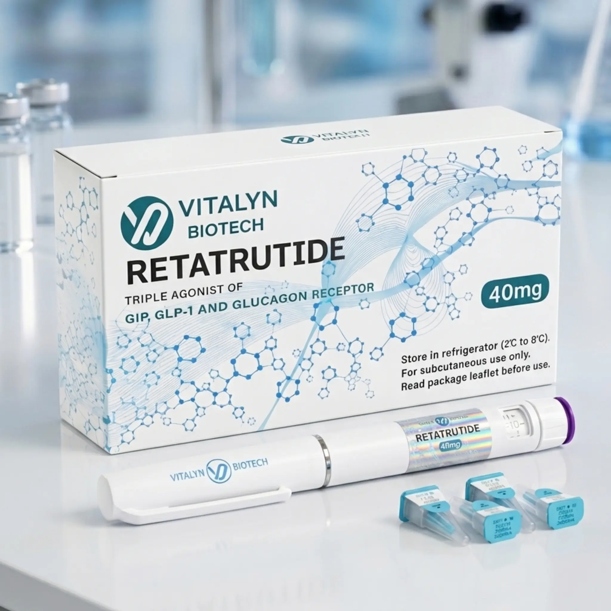 Vitalyn Biotech Retatrutide 40mg research supply kit showing premium lyophilized peptide configuration